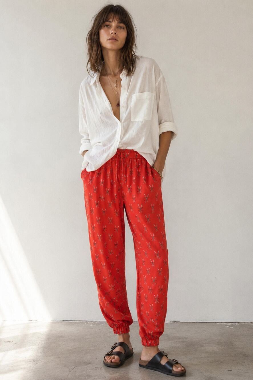 KOCH | Red Printed Poly Satin Drawstring Hunter Jogger Pants Made in USA Size M